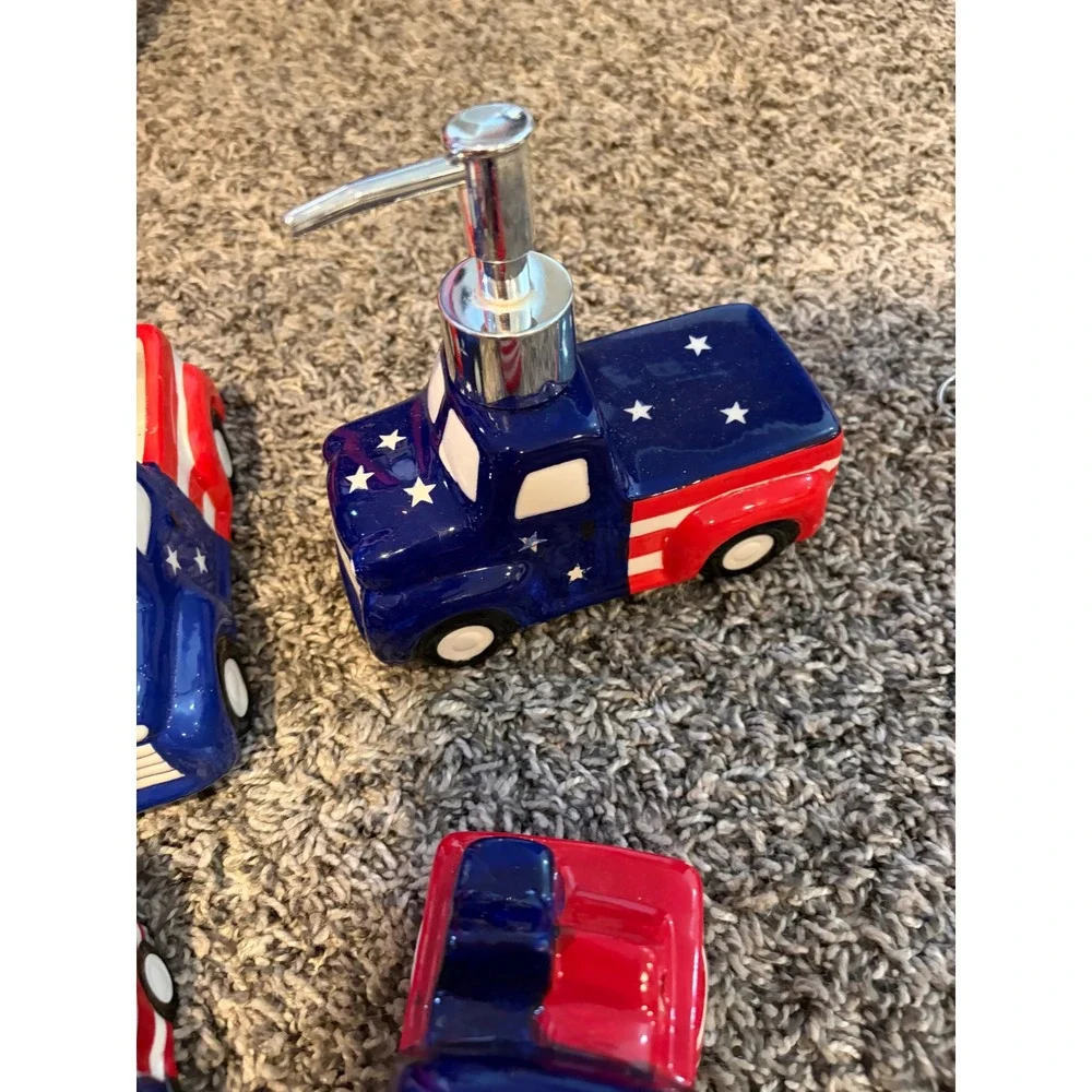 4th of July Patriotic Decor Bundle Ceramic Truck Soap Dispenser Glow Wands Bows
